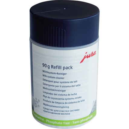 Dose mit JURA Reinigungstabletten für Milchsysteme, 90 g Inhalt.