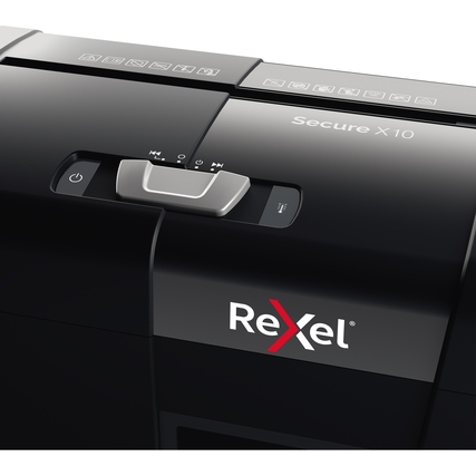 Elektrischer Aktenvernichter mit Bedienelementen und Logo auf der Vorderseite.