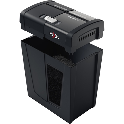 Aktenvernichter mit offenen Behälter und Sichtfenster für Papierabfälle im Anwendungsbeispiel.