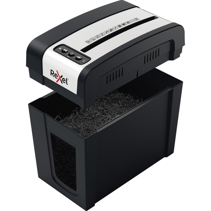 Elektrischer Aktenvernichter mit geöffnetem Deckel und sichtbar geschreddertem Papier.