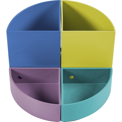 Modularer Stifteköcher in vier Farben mit zwei hohen und zwei niedrigen Fächern.