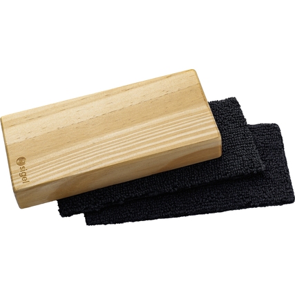 Holztafelwischer mit schwarzem, austauschbarem Mikrofasertuch.