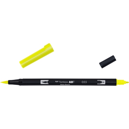 Aquarellierbarer Pinselstift mit zwei Spitzen in der Farbe Gelb, Kappe abgenommen.