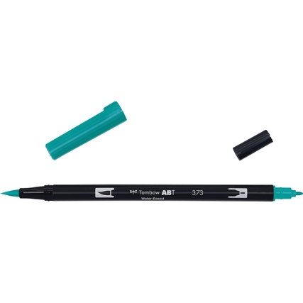Aquarellierbarer Pinselstift mit zwei Spitzen in der Farbe sea blue, Kappe teilweise abgezogen.