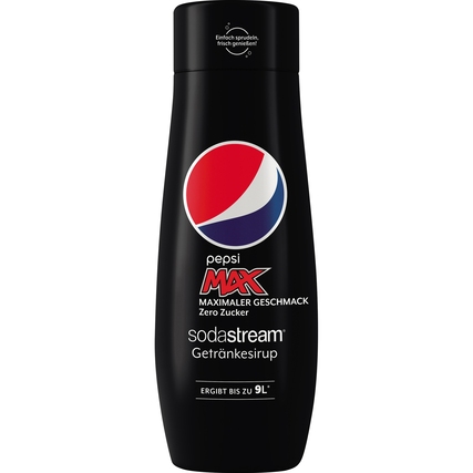 Schwarze Flasche mit Getränkesirup, beschriftet mit Pepsi Max, für 9 Liter Fertiggetränk.