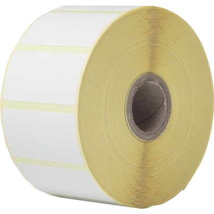 Rolle mit weißen, vorgestanzten Etiketten auf gelbem Trägerpapier.