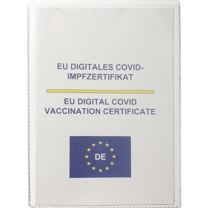 Transparente Ausweishülle mit einem EU digitalen Impfzertifikat in der Mitte.