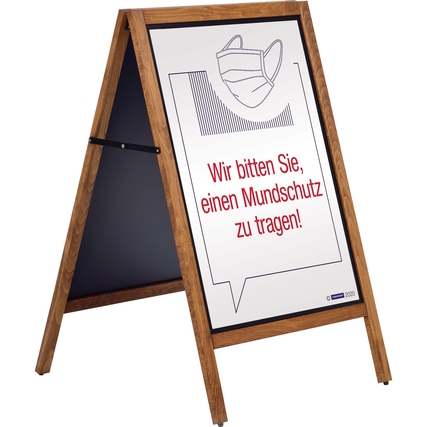 Kundenstopper mit Aufforderung zum Tragen eines Mundschutzes, im Holzdesign.