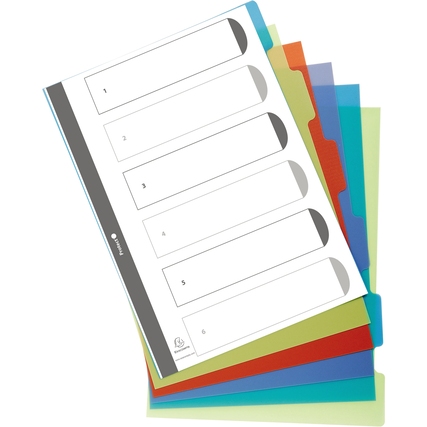 Ordnerregister mit sechs farbigen Registerblättern und bedruckbarer Indexseite zur Organisation.