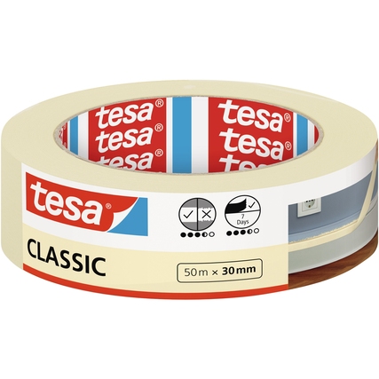 Kreppband in einer Rolle, 30 mm breit und 50 m lang, mit Verpackung in hellem Design.