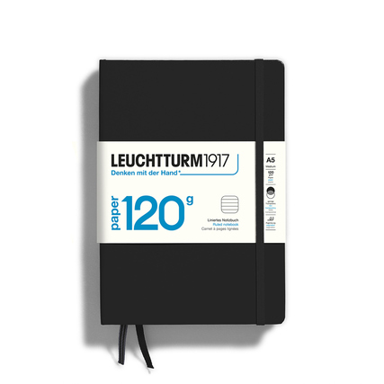 Schwarzes Notizbuch im A5-Format mit Sichtschutz und Etikett, liegend auf weißem Hintergrund.