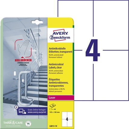 Transparente antimikrobielle Folienetiketten in Verpackung mit Anwendungshinweis.