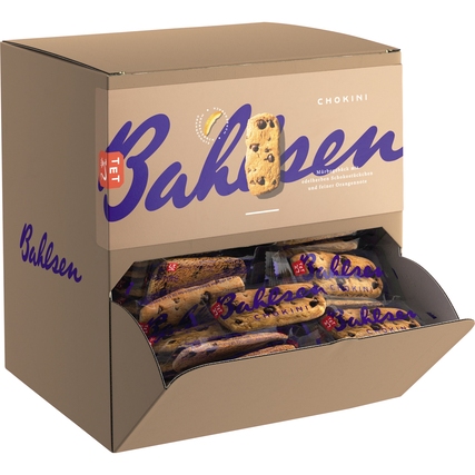 Karton mit Bahlsen Chokini Gebäck in durchsichtigen Verpackungen zum Verkauf.