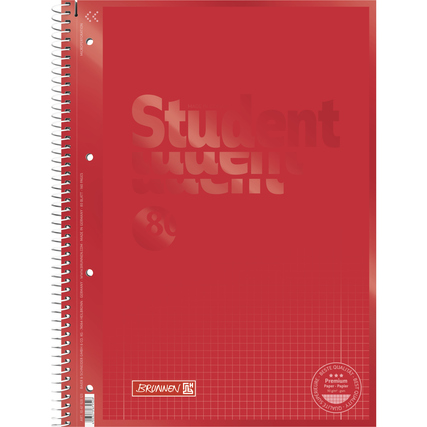 Roter Collegeblock im DIN A4-Format mit kariertem Papier und Spiralbindung.