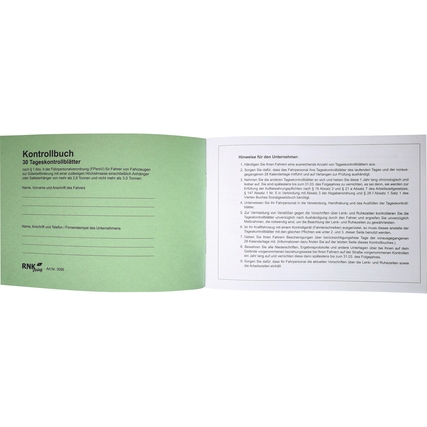 Kontrollbuch mit grüner Umschlagseite und Anweisungen zur Aufzeichnung von Fahrzeiten.