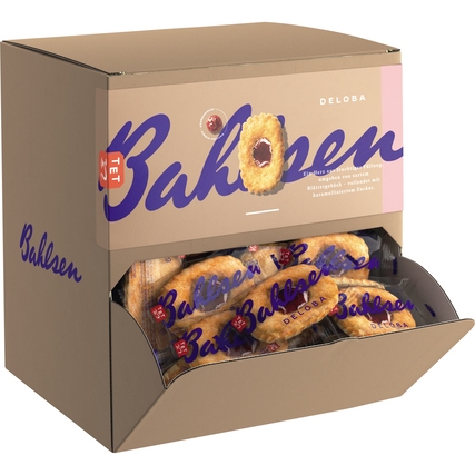 Kartonverpackung mit einzelnen Gebäckstücken sichtbar, beschriftet mit 'Deloba'.