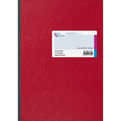 Rote Kladde im DIN A4-Format mit kariertem Innenteilen und einem Etikett auf der Vorderseite.
