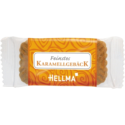 Karamellgebäck in transparenter Verpackung mit orangefarbenem Muster.