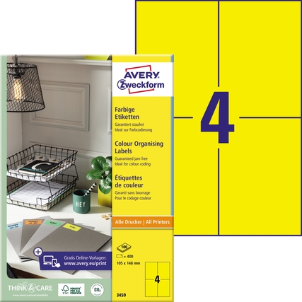 Gelbes Universaletikett (105 x 148 mm) auf Produktverpackung mit Hinweis auf Online-Vorlagen.
