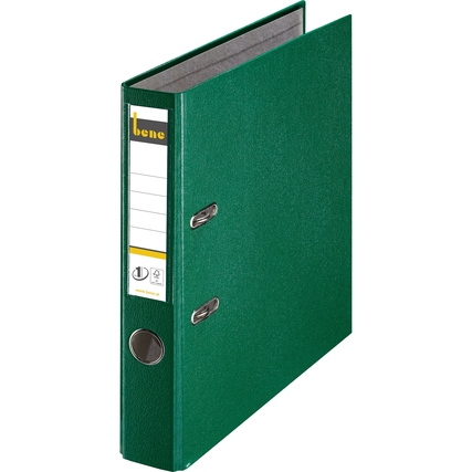 Grüner Kunststoffordner im DIN A4 Format mit zwei Ringen und Beschriftungsfeld.