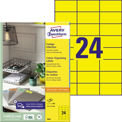Gelbe Universaletiketten 70 x 37 mm in der Verpackung mit einem Beispiel für deren Verwendung.