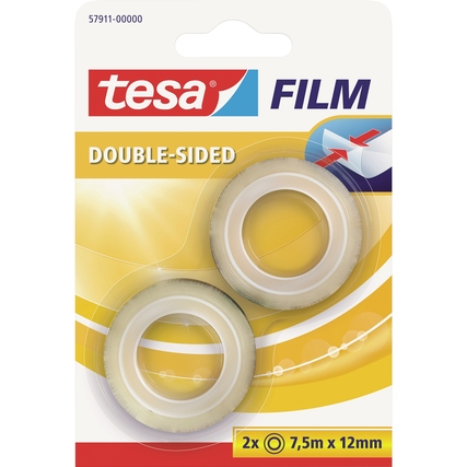Zwei Rollen beidseitig klebendes Klebefilm in Verpackung mit gelbem Hintergrund.