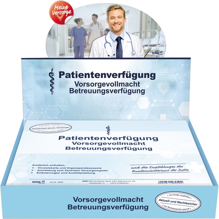 Produktverpackung für die Patientenverfügung mit Hinweisen zur Entscheidungsfindung.