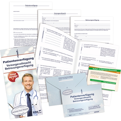 Produktpaket zur Patientenverfügung mit Unterlagen und Informationsmaterialien.
