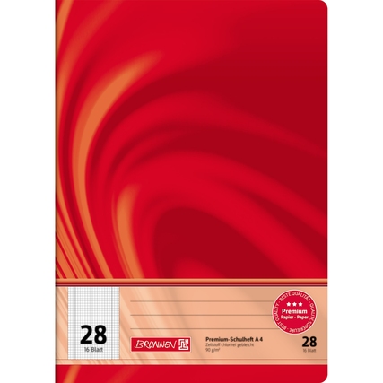 Rotes Schulheft DIN A4 mit kariertem Papier und Rand, 16 Blätter, Lineatur 28.