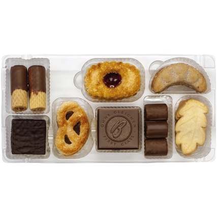 Plastikverpackung mit verschiedenen Gebäcksorten der Hermann Collection.