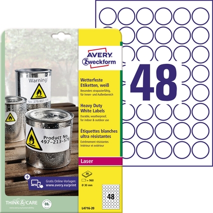 Avery Zweckform Folienetikett 30mm weiß 960 Etik./Pack.