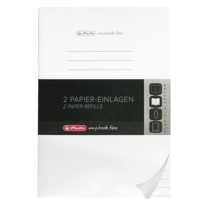 Zwei linierte Papier-Einlagen für ein DIN A4 Notizbuch, verpackt in einer weißen Hülle.