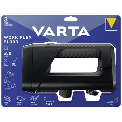 Schwarz-weiße Taschenlampe mit verstellbarem Flächenlicht und Ladeanzeige auf blauem Hintergrund.