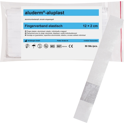 Paket mit aluderm® aluplast Pflaster, 12 x 2 cm, in Einzelverpackungen auf weißem Hintergrund.