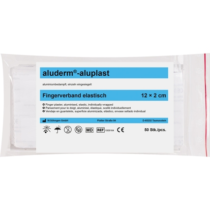 Wundpflaster in einem Verpackungsbeutel mit Produktinformationen und Maßangabe 2 x 12 cm.