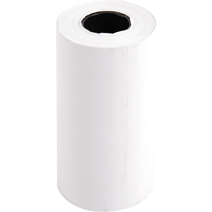 Weiße Thermokassenrolle auf schwarzem Kern, 57 mm breit und 9 m lang.