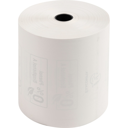 Thermokassenrolle aus phenolfreiem Papier, rollend mit Aufdruck und zentralem Loch.