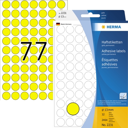 Gelbe Haftetiketten auf einem Bogen, Größe 13 mm, zur Kennzeichnung und Organisation.