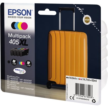 Epson Tintenpatronen Multipack 405XL in schwarz, cyan, magenta und gelb auf Verpackung abgebildet.