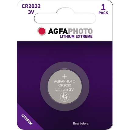 Knopfzelle CR2032 in Verpackung, 3V Lithium-Batterie mit Haltbarkeitsdatum.