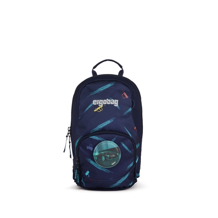 Dunkelblauer Kindergartenrucksack mit bunten Mustern und durchsichtigem Fensterelement.