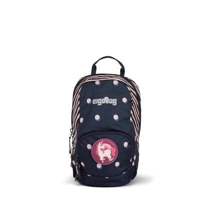 Dunkelblauer Kindergartenrucksack mit weißen Punkten und einem Einhorn-Symbol auf der Vorderseite.