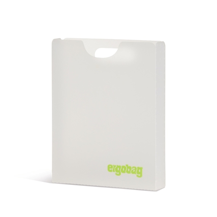 Transparente Heftbox mit Tragegriff und grüner Aufschrift, geeignet für ergobag Schulranzen.