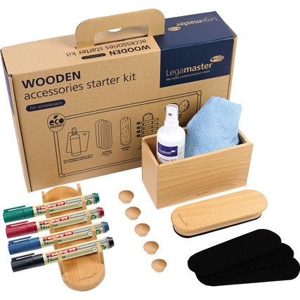 Starterset mit Holz-Accessoires für Whiteboards, inklusive Marker, Reinigungstuch und Aufbewahrung.