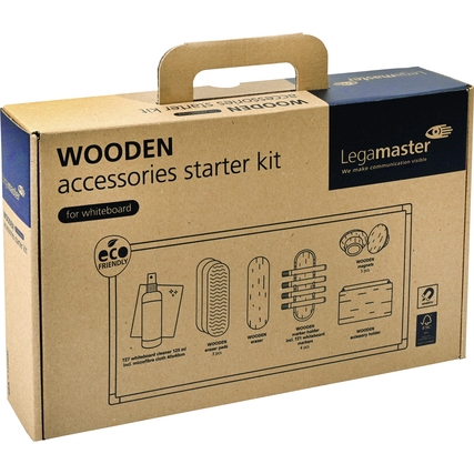 Kartonverpackung eines Whiteboard-Zubehörsets mit Holzaccessoires und Umweltsymbol.