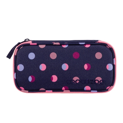 Schlampermäppchen mit bunten Punkten auf dunklem Hintergrund und rosa Reißverschluss.