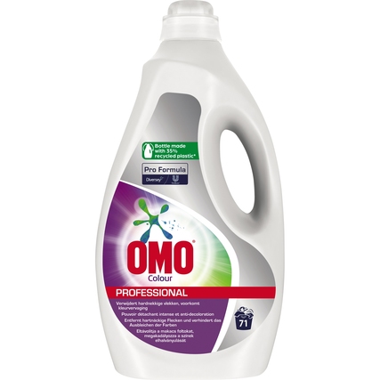 Flasche mit OMO Professional Color Flüssigwaschmittel, 71 Waschladungen, in grau und grün.