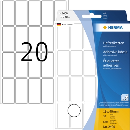 Weißes Etikettenblatt mit 32 ablösbaren Etiketten in der Größe 19 x 40 mm auf blauer Verpackung.