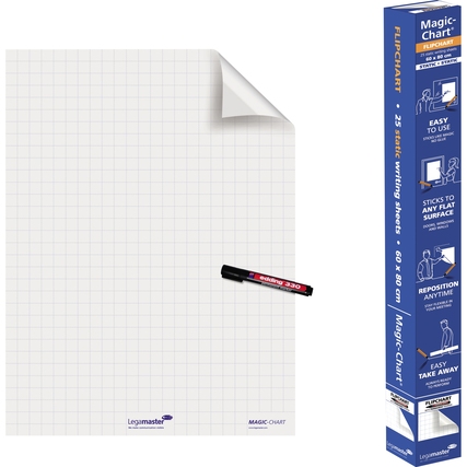 Flipchartfolie in Weiß mit kariertem Muster und einer schwarzen Markierung, neben Verpackung.