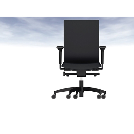 Schwarzer Bürodrehstuhl mit Armlehnen, höhenverstellbarer Rückenlehne und Doppelrollen.